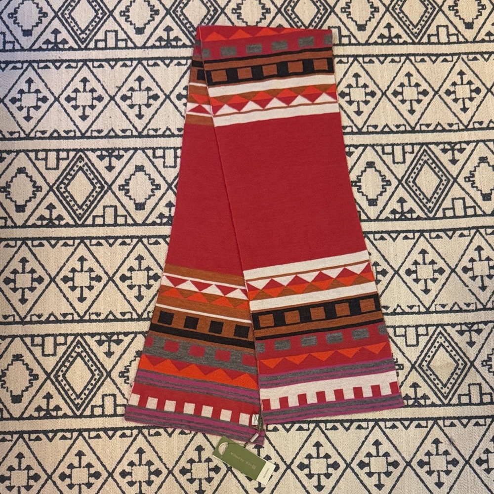 Red Geometric 100% Baby Alpaca Scarf NWT